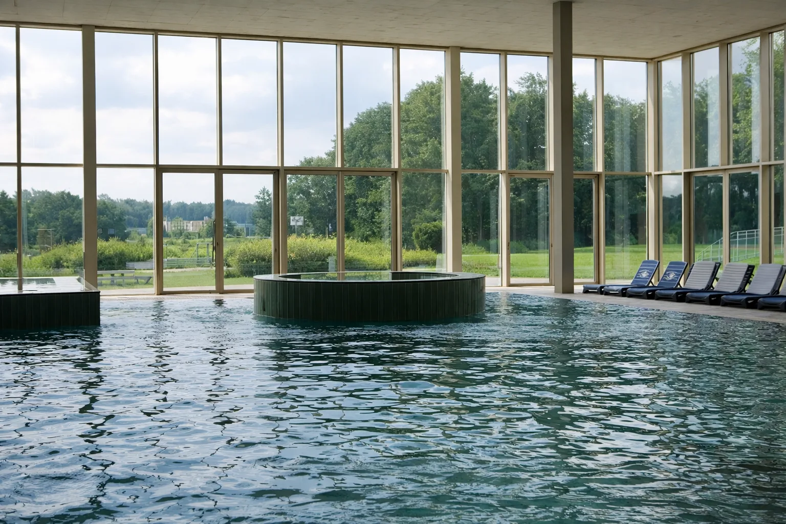 Tranquil indoor pool with panoramic windows