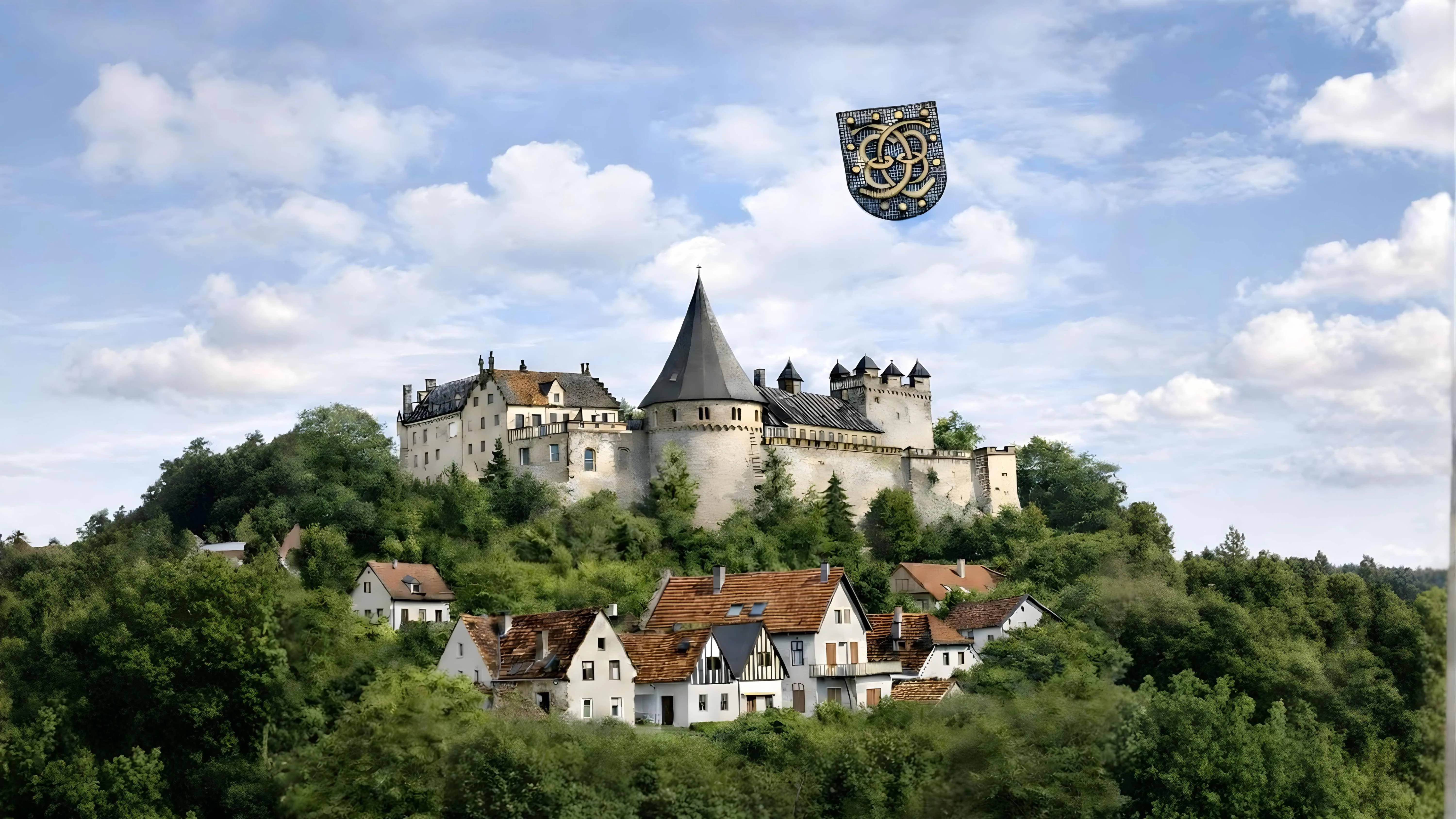 Bad Bentheim Castle on hilltop with traditional German village